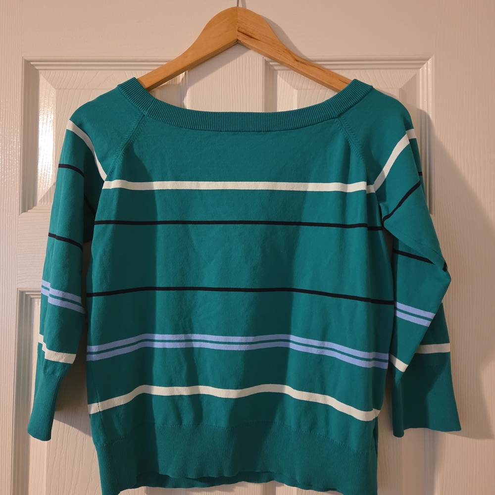Ann Taylor Striped Top Green White Navy – Size L – Like New